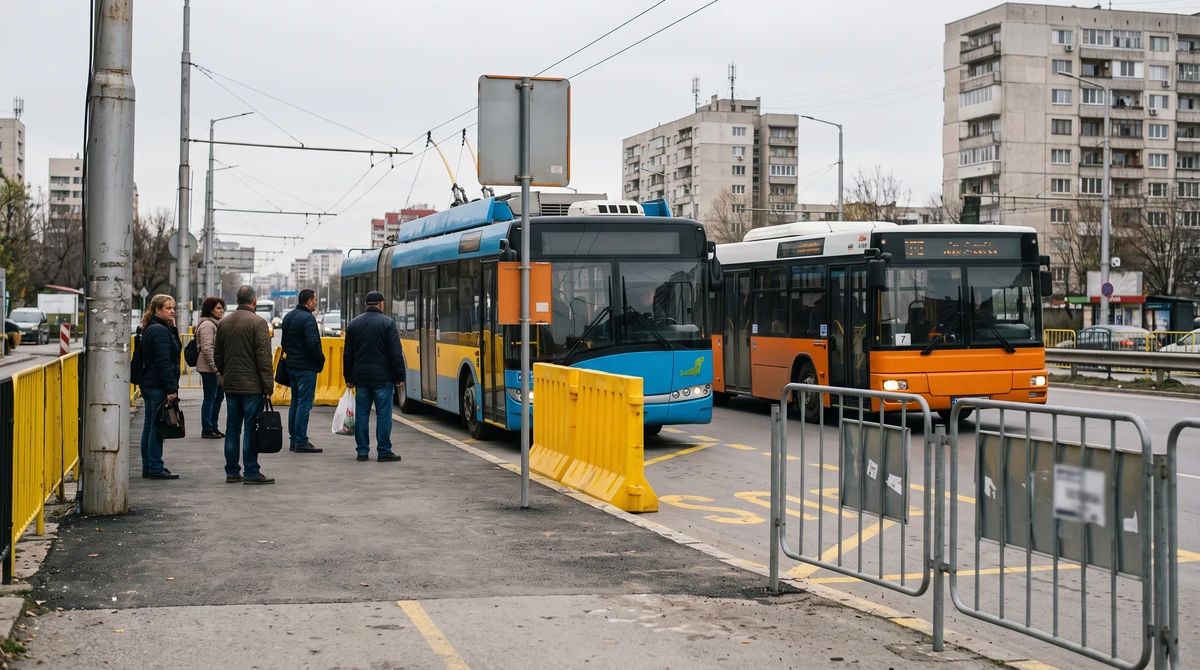 Тролейбус и автобус се движат по временен маршрут край булевард „Владимир Вазов“ в София.