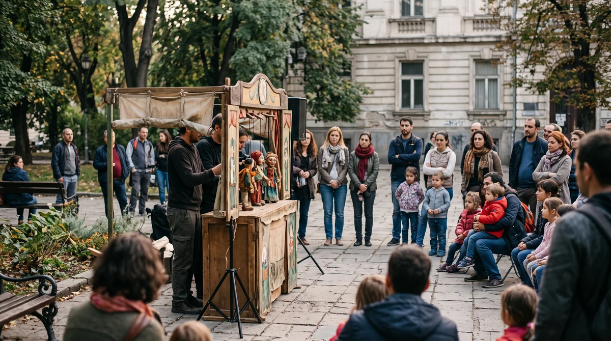 Публиката гледа куклен спектакъл на открита сцена в градска градина в София