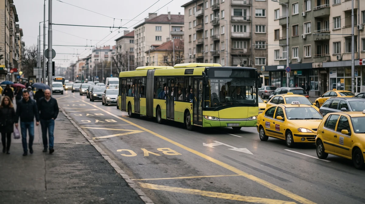Натоварен столичен булевард с буслента, автобус и таксита в съседния трафик