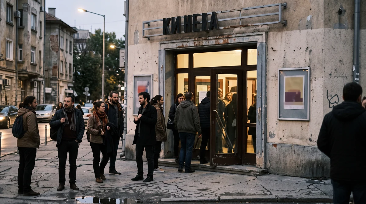 Зрители пристигат за вечерна прожекция на фестивал за документално кино в София.