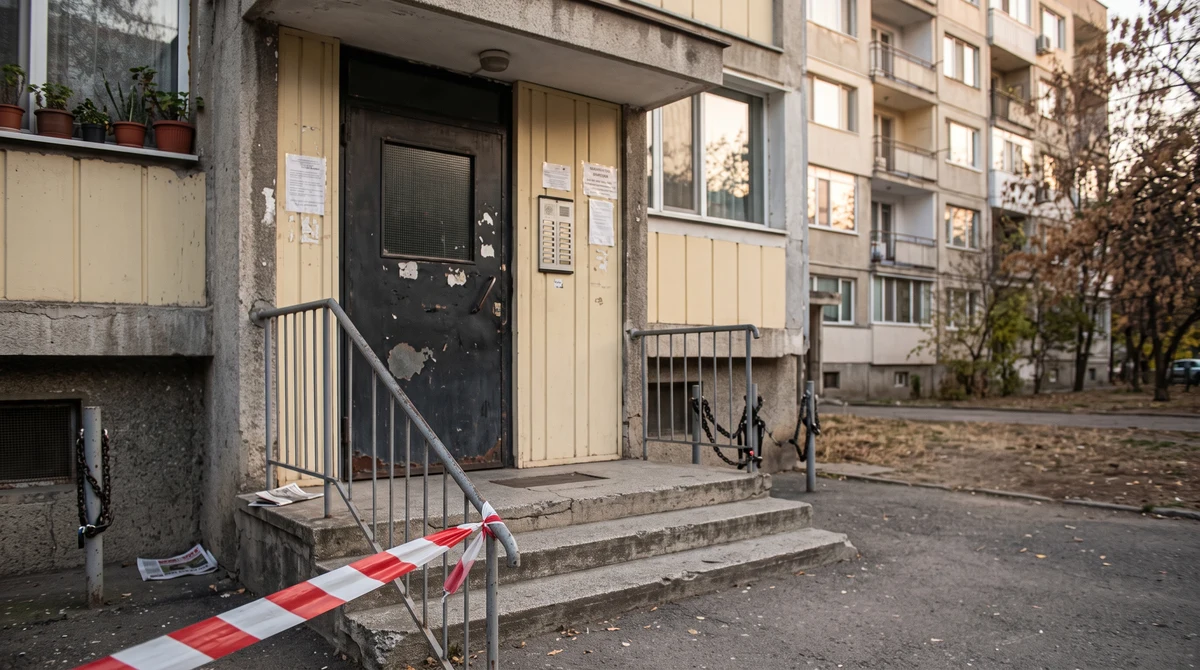 Неутрален изглед към вход на жилищен блок в софийски квартал с полицейска лента.