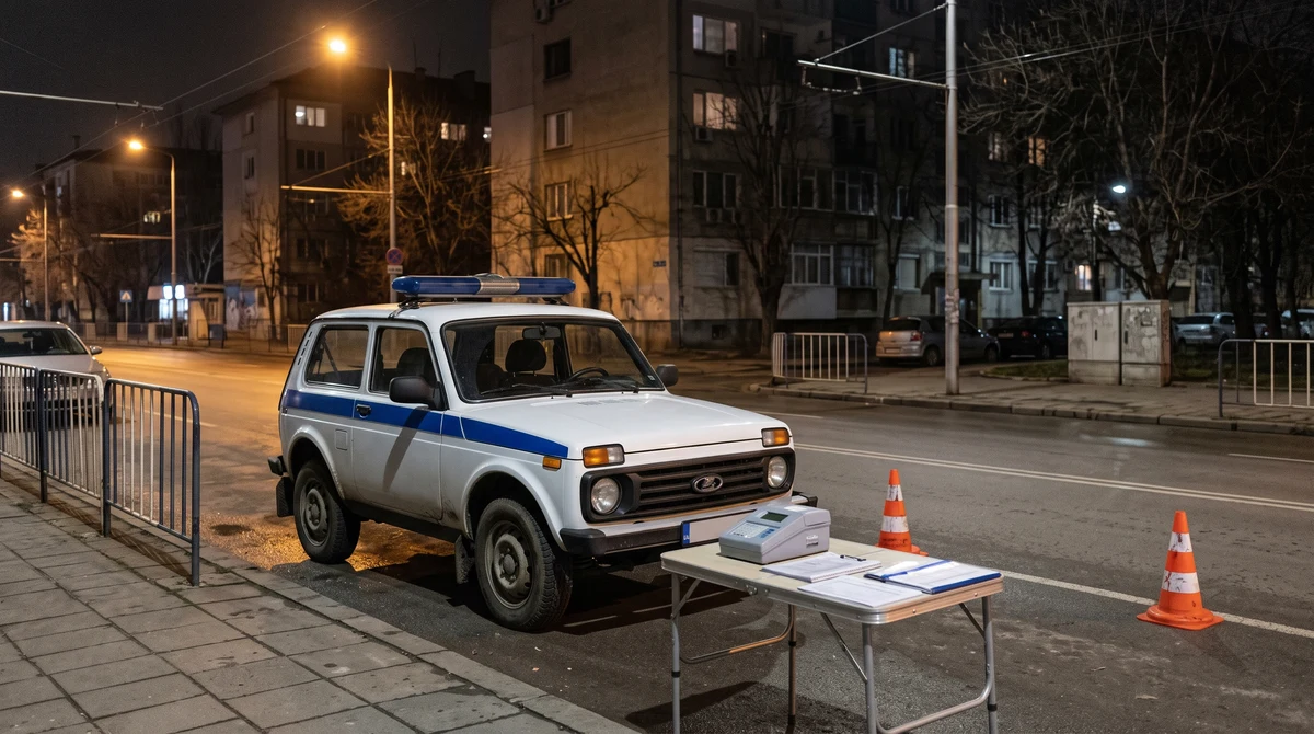 Нощен пункт за пътна проверка с полицейски автомобил и оборудване на градско кръстовище в София