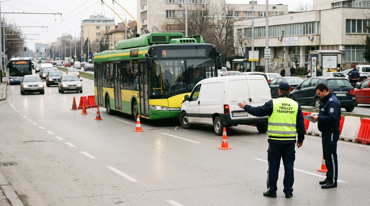 Спрял тролейбус, товарен автомобил и полицейски заграждения на затруднен софийски булевард след катастрофа.
