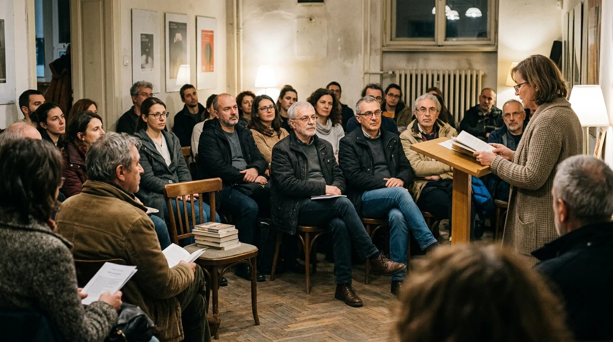 Публика слуша литературно четене в културно пространство в центъра на София.