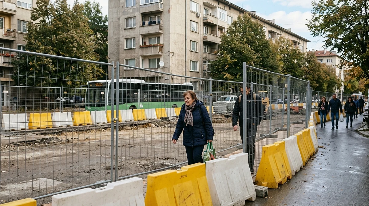 Градска улица в София край строителната зона на метрото през „Слатина“, с пешеходци, временни бариери и променено движение