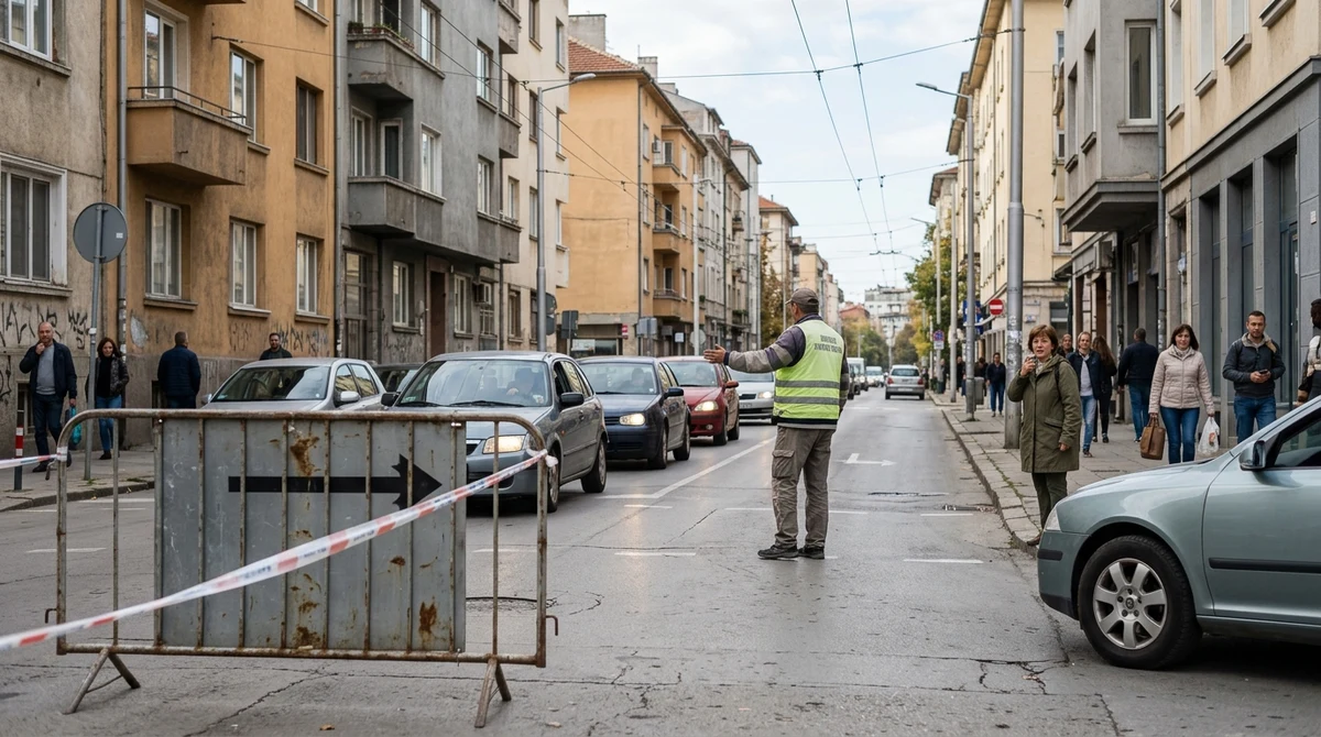 Временни заграждения и служители, които насочват движението по централен софийски булевард за церемонията на 3 октомври.