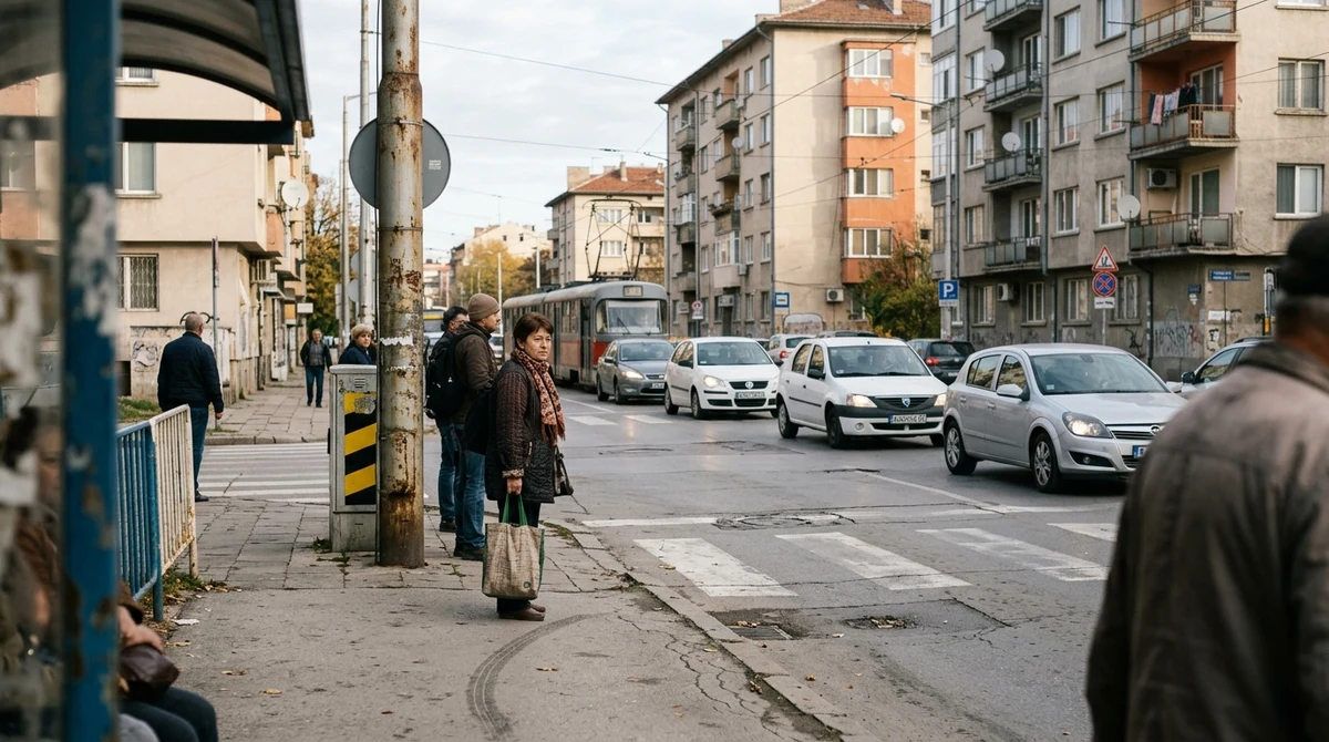 Натоварено градско кръстовище с пешеходци и автомобили в столичен квартал