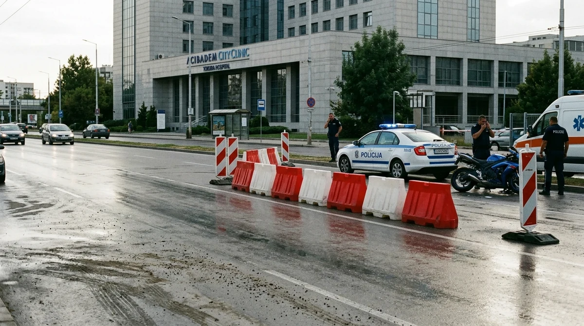 Илюстративна документална сцена от столична улица край болница с полицейски и аварийни автомобили и временно затруднено движение.