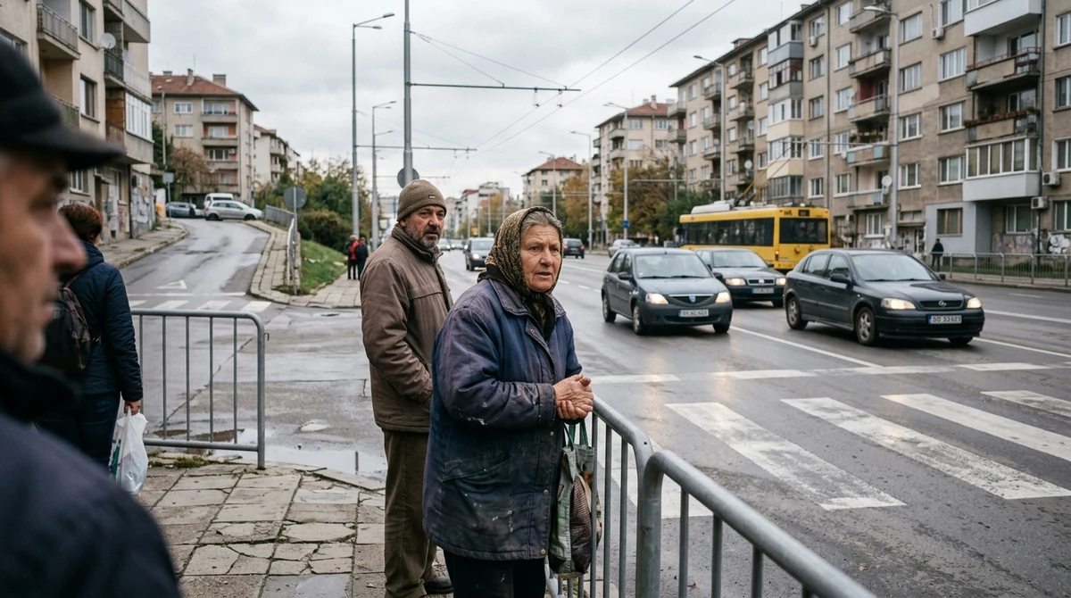 Жители изчакват край софийско кръстовище с наклонена улица, натоварен път и улично осветление.
