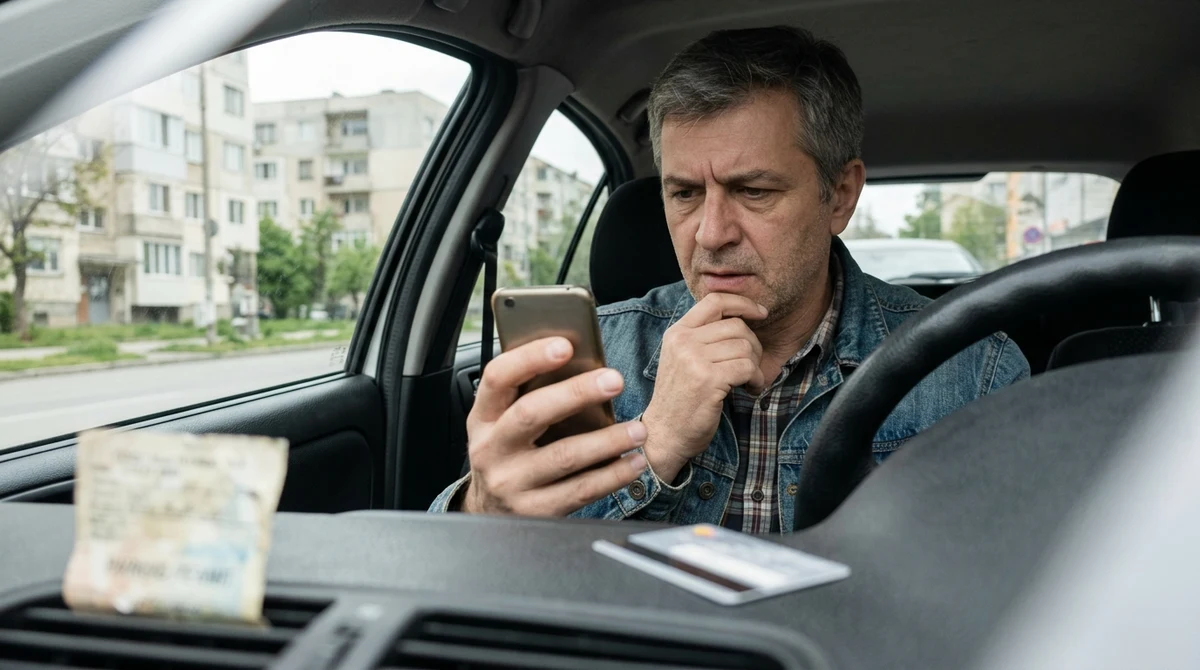 Шофьор проверява подозрително SMS съобщение за паркиране, без да въвежда банкови данни.