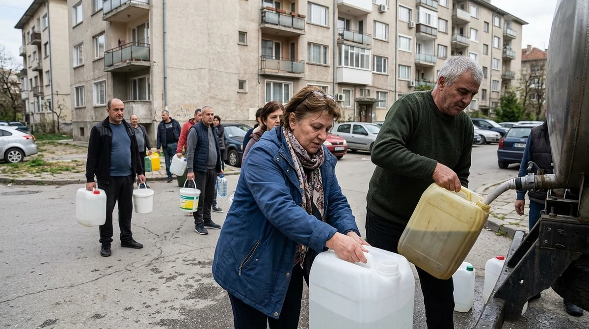 Жители пълнят съдове с вода пред жилищни блокове в софийски квартал при временно спиране на водоснабдяването.