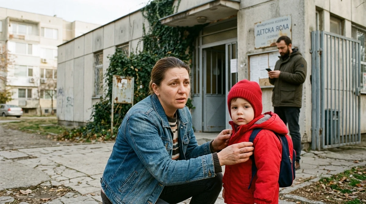 Илюстративна сцена с родител и малко дете край общинска детска градина в софийски квартал