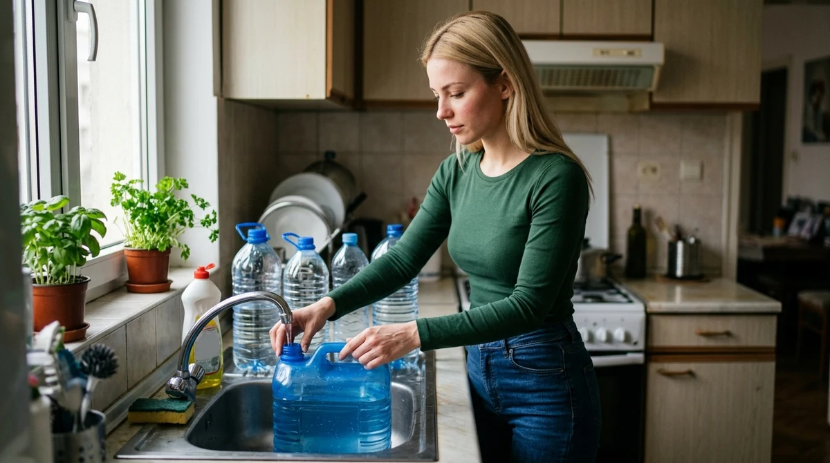 Млада жена подготвя съдове с вода в кухнята си преди планирано спиране на водоснабдяването в София.