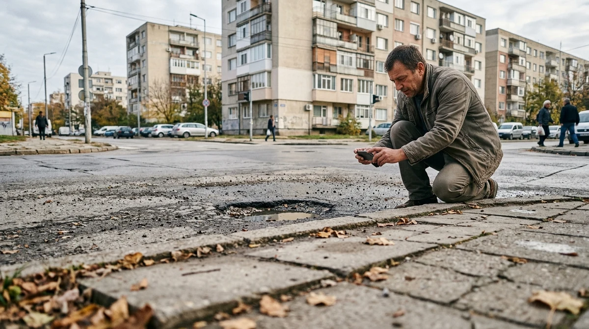 Илюстративна сцена с жител, който безопасно заснема дупка край тротоар в Люлин.