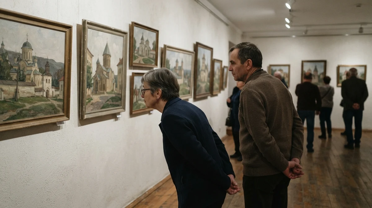 Посетители разглеждат картини в изложбена зала.