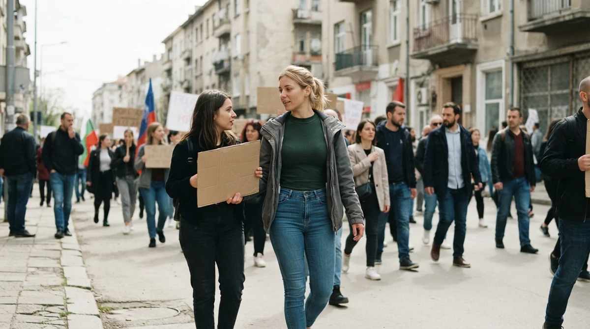 Илюстративна сцена с измислена студентка на мирна демонстрация на градска улица.