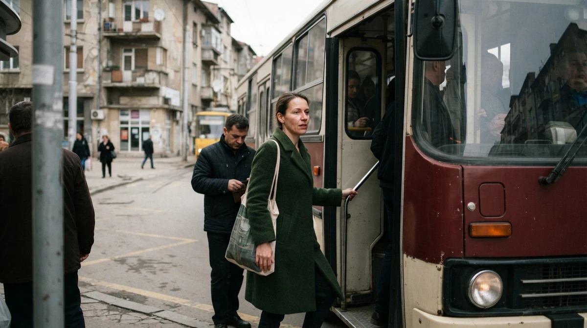 Пътници се качват в градски автобус на улица в София.