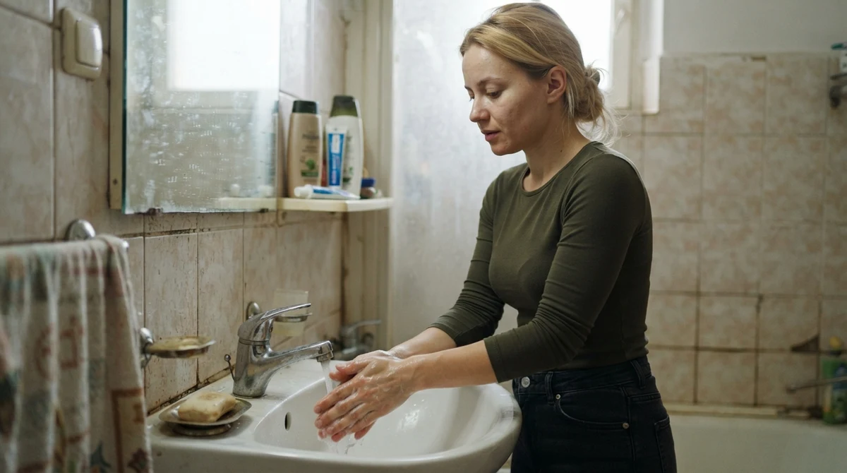 Илюстративна сцена: млада жена използва мивка в домашна баня, докато чака възстановяването на топлата вода.