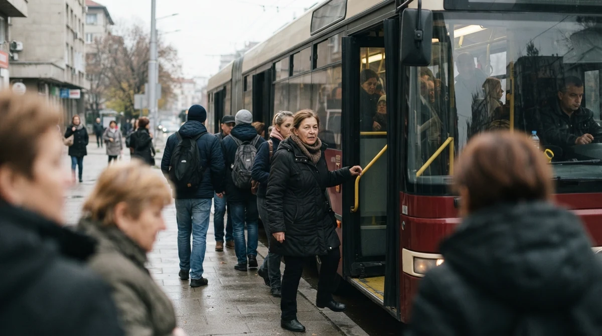 Пътници се качват в съчленен градски автобус на спирка в София.